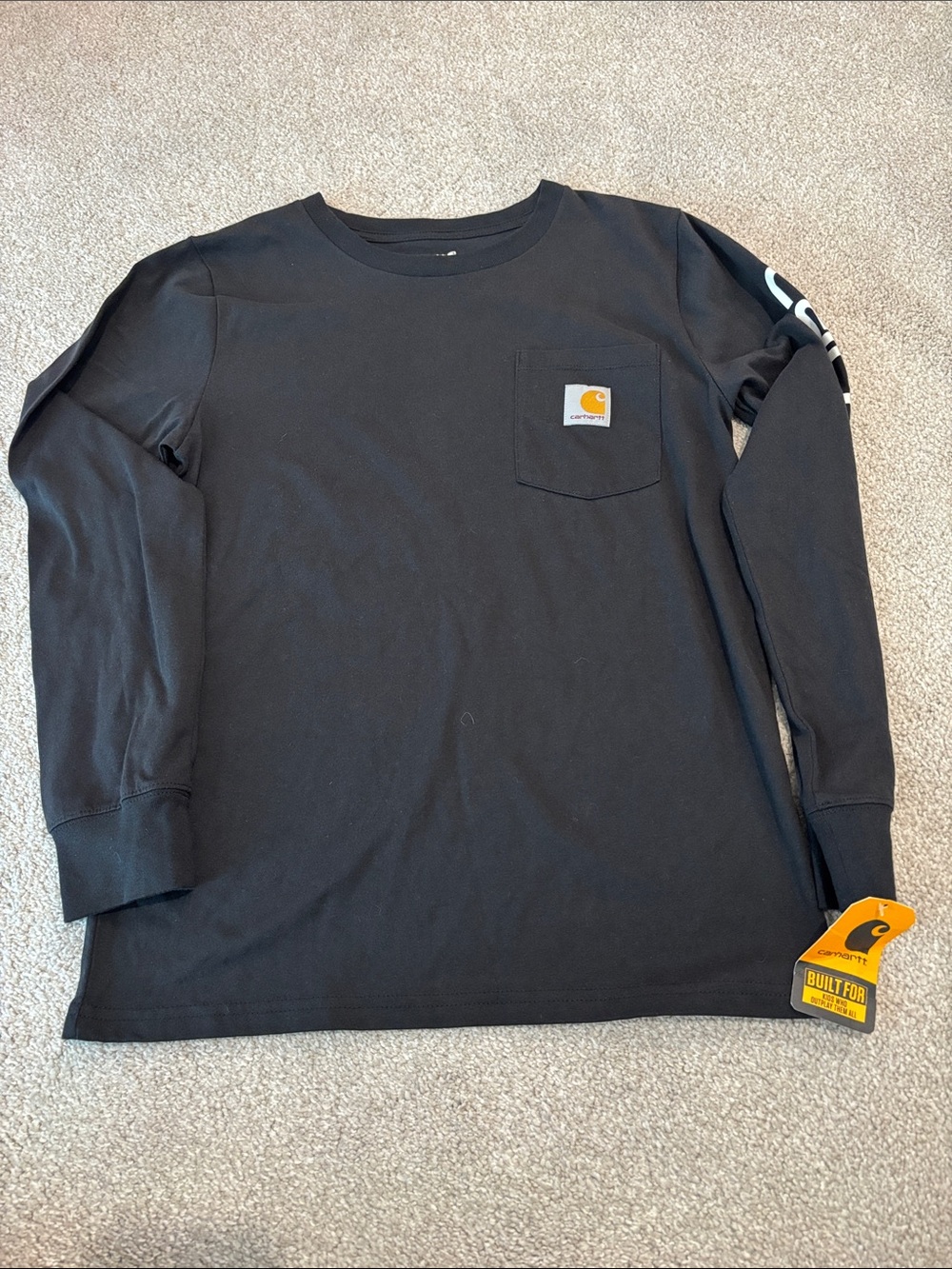 Carhartt Black Long-Sleeve Pocket Tee with Yellow Logo Patch